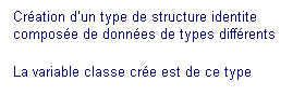 Zone de Texte: Création d’un type de structure identite composée de données de types différents
La variable classe crée est de ce type